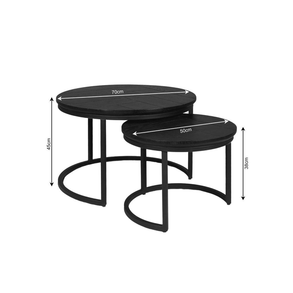 Couchtisch-Set Morily Schwarz – 2er-Set Beistelltische rund aus Holz und Metall, stilvolle Wohnzimmertische, Ø70/Ø50 cm