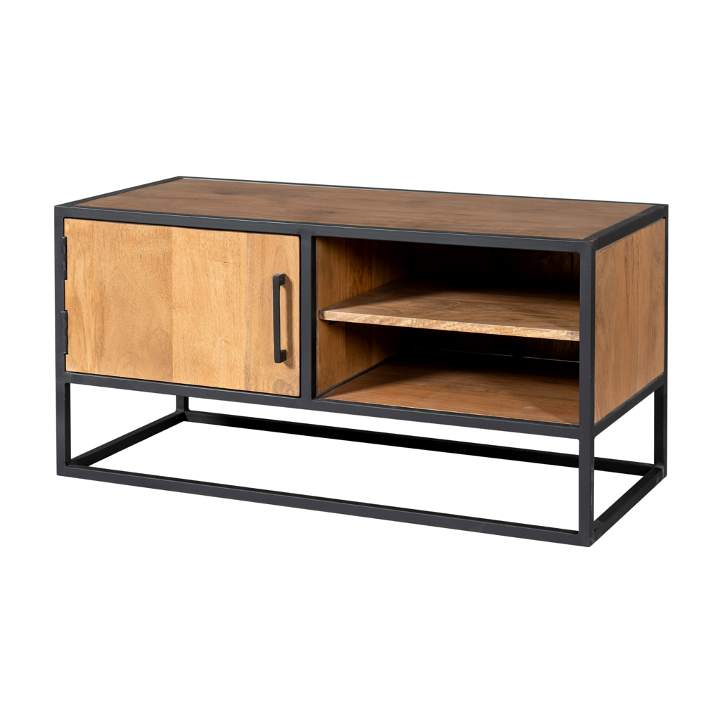 TV-Board Delta – Mangoholz mit schwarzem Gestell & Holzeinlagen, 100 x 45 x 50 cm