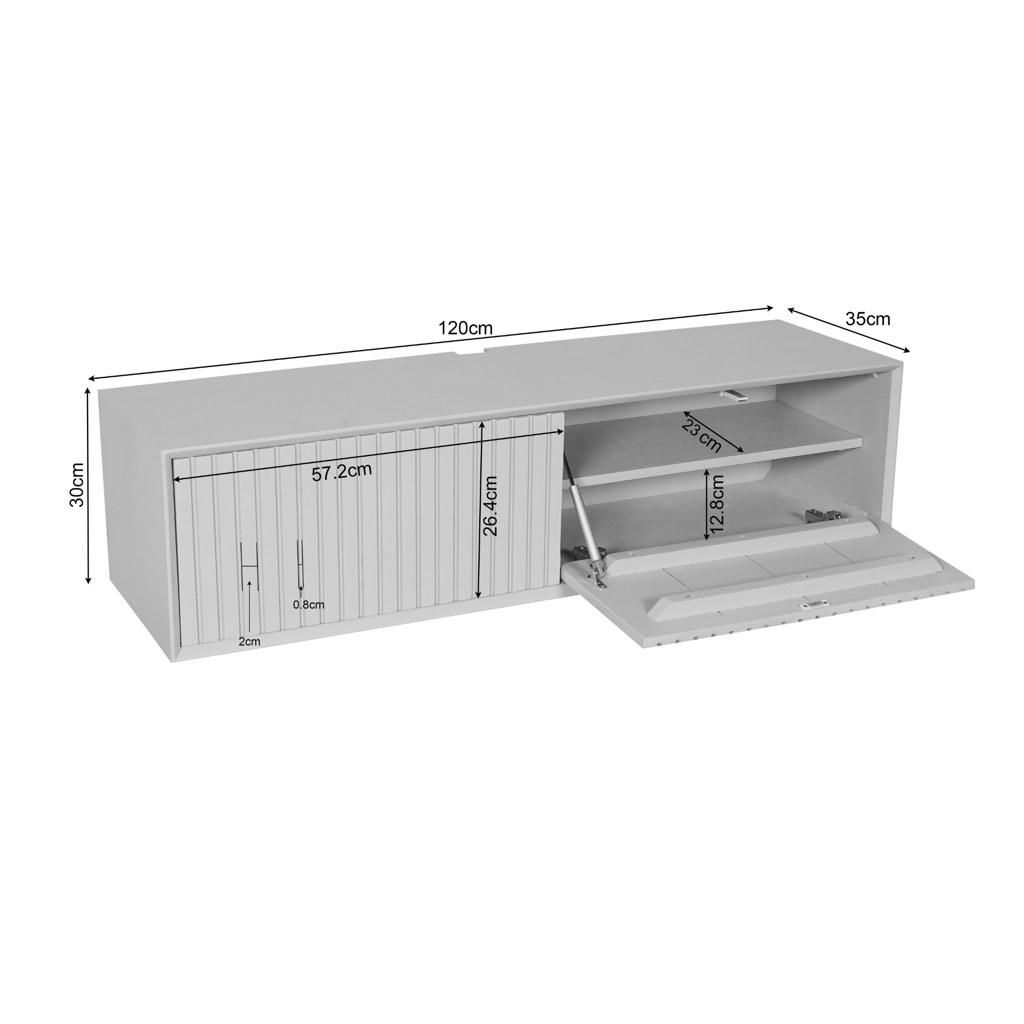 Schwebendes TV-Möbel Mandy Braun – Wand-TV-Board aus Mangoholz mit Lattenmuster & Push-to-Open, 120 x 35 x 30 cm