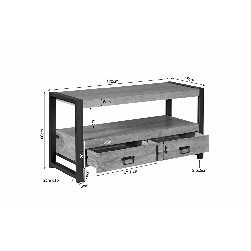 TV-Board Boaz – Lowboard aus Mangoholz mit schwarzen Lackstreifen, 2 Schubladen & offenem Fach, 120 x 45 x 60 cm