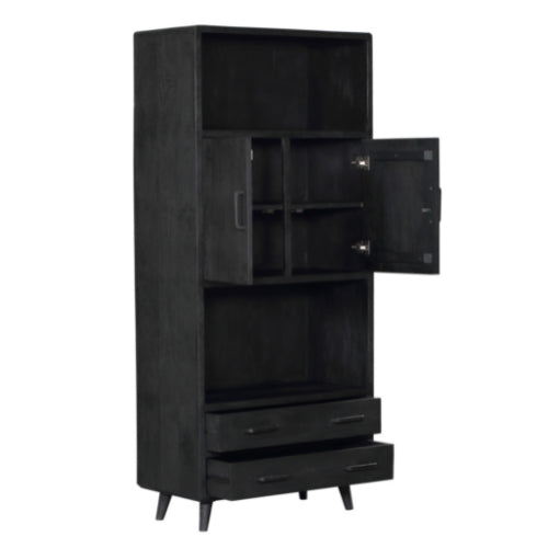 Regalschrank Raven Schwarz – Mangoholz, 2 Türen & 2 Schubladen, 90 x 45 x 200 cm