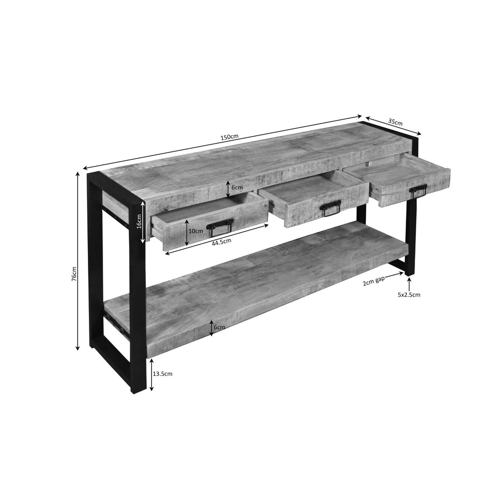 Konsolentisch Bori – eleganter Tisch aus Mangoholz mit schwarzem Metallgestell & 3 Schubladen, 150 x 35 x 76 cm