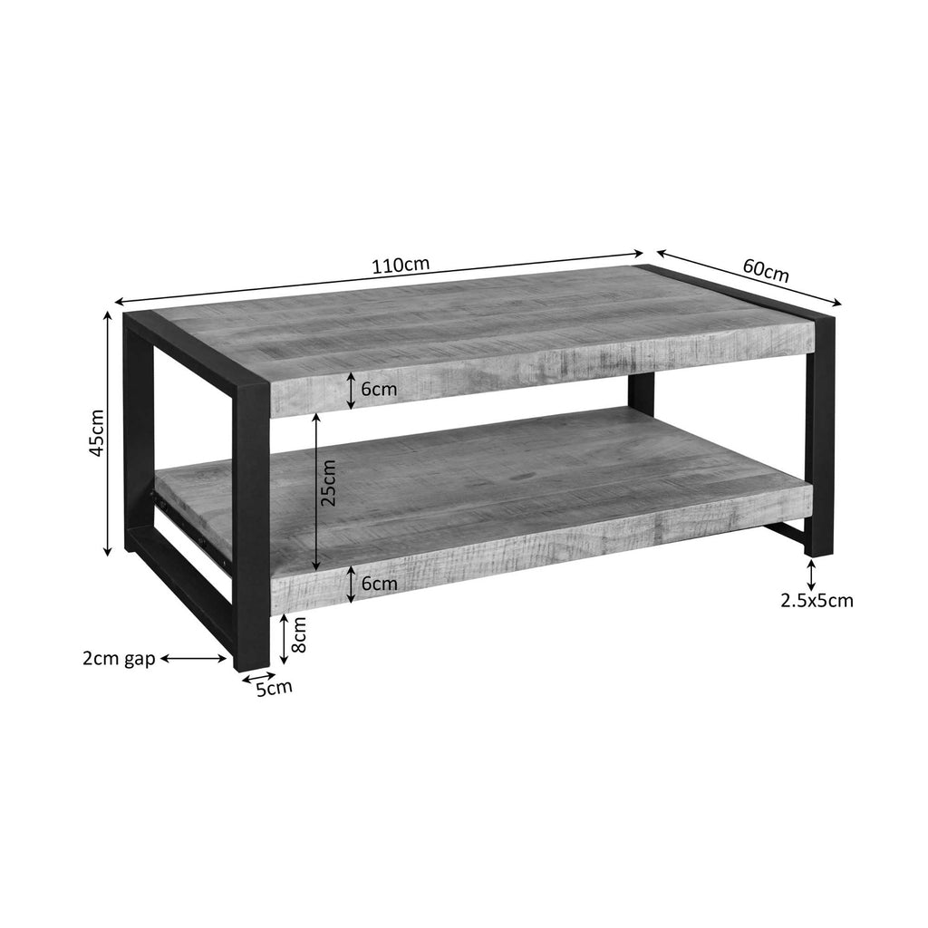Couchtisch Bori – Rechteckiger Tisch aus Mangoholz & Metall mit Ablagefach, 110 x 60 x 45 cm