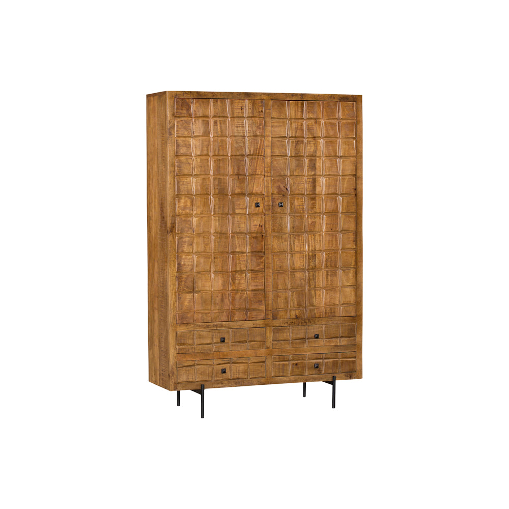 Schrank Jacky – Mangoholz & Metallbeine, 100 x 40 x 180 cm, 2 Türen, 4 Schubladen, einzigartiges Design