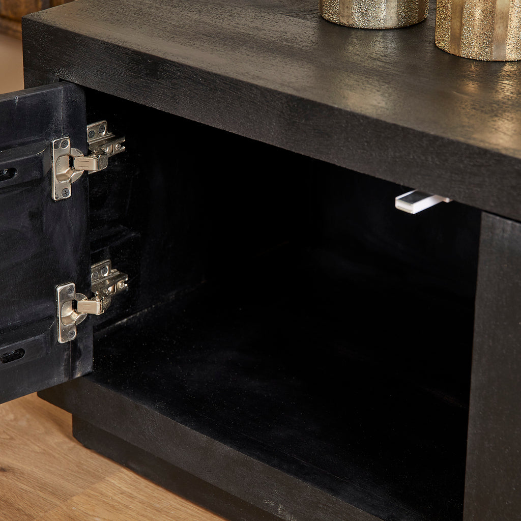 TV-Board Bali Schwarz – Lowboard aus Mangoholz mit Push-to-Open Türen, 150 x 42 x 46 cm