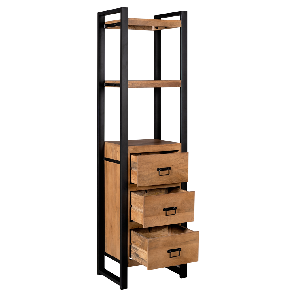 Bücherregal Bori – Mangoholz & Metall, 55 x 40 x 200 cm