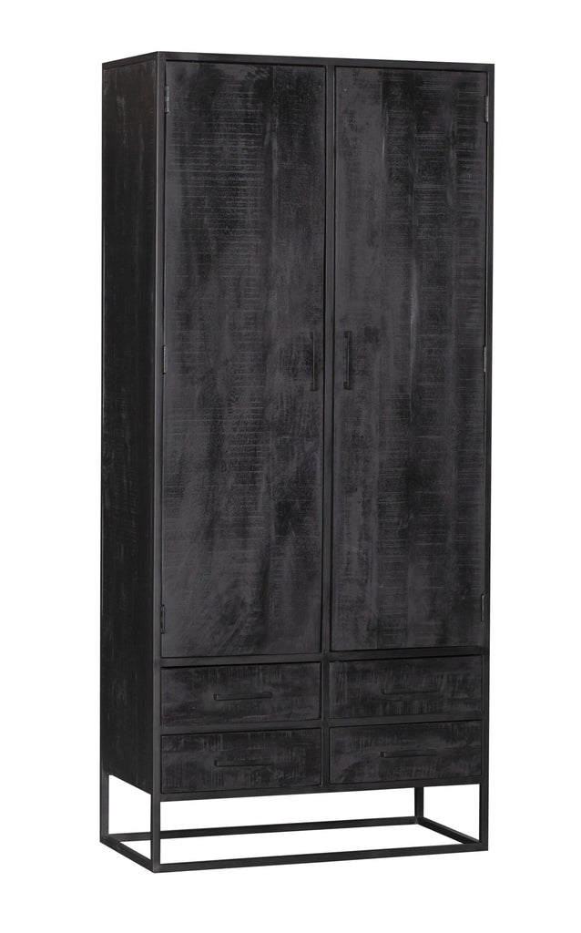 Bücherregal Delta Black 90x45x200 cm – Massiver Mangoholz Schrank mit 4 Schubladen, 2 Türen & Metallgestell in Schwarz