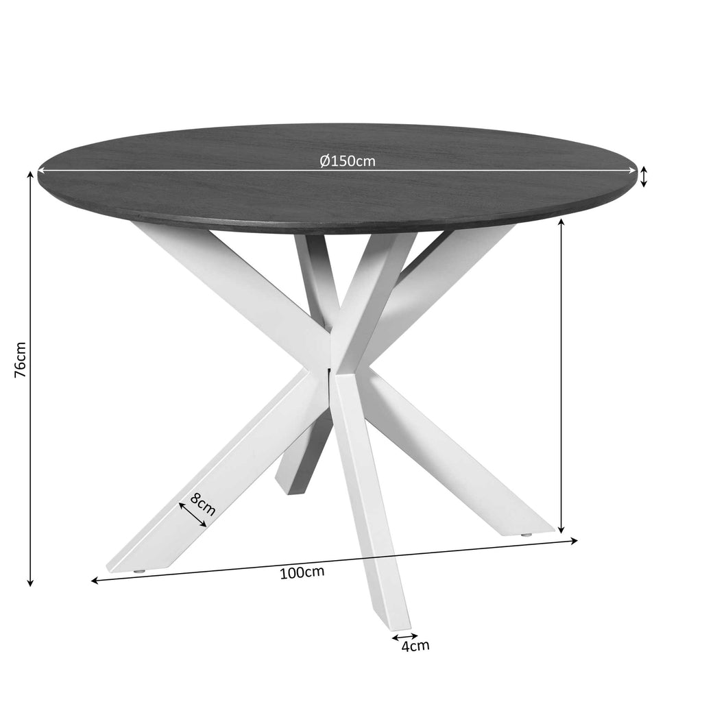 Esstisch Mandy Braun – runder Tisch aus Mangoholz mit schwarzem Metallgestell, Ø150 cm, Höhe 76 cm, modern & elegant