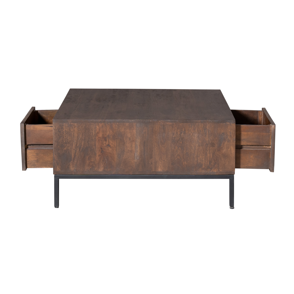 Couchtisch Mandy Brown – Mangoholz, braune Oberfläche, Metallbeine, 80 x 80 x 40 cm, offenes Fach & 2 Schubladen