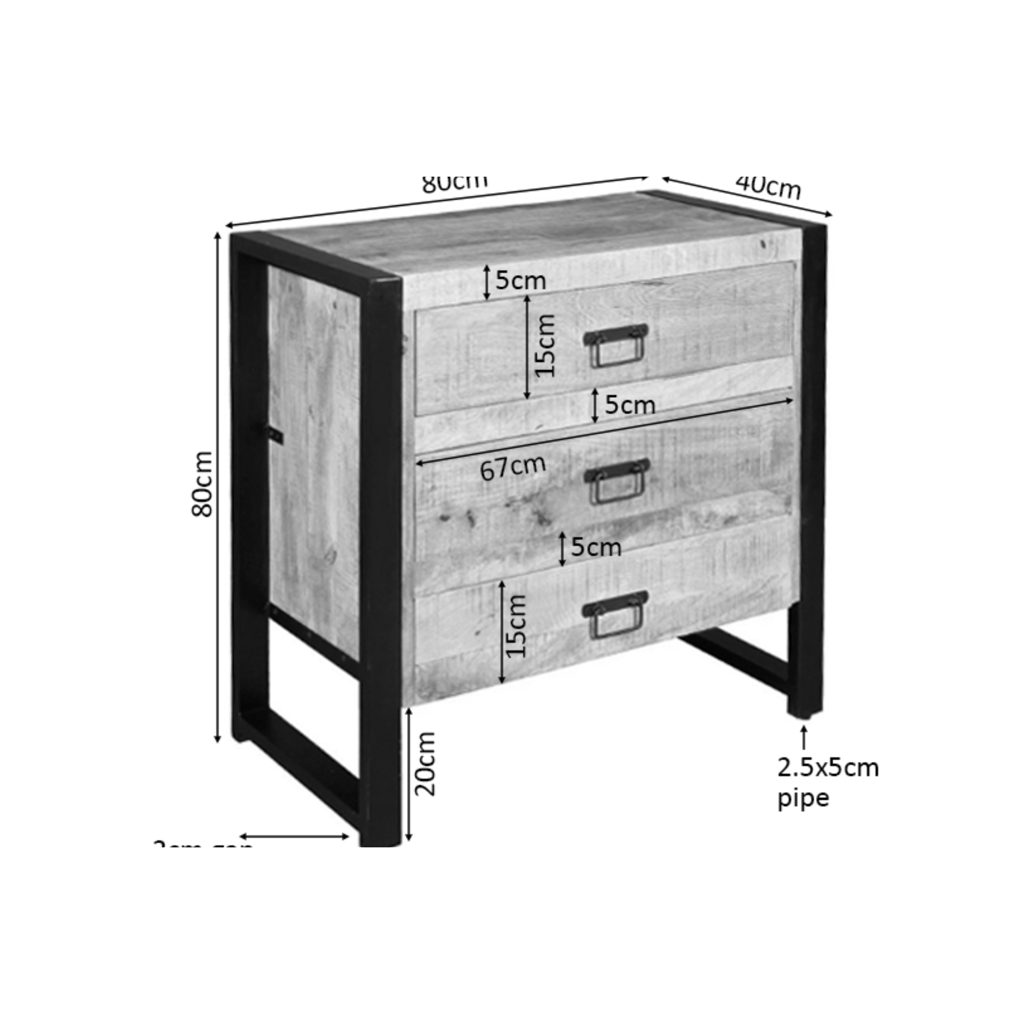 Kommode Bori – Mangoholz mit 3 Schubladen & schwarzem Metall, 80 x 40 x 80 cm