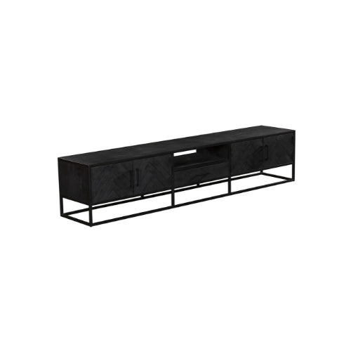 TV Board Sydney Schwarz – Lowboard aus Mangoholz & Metall mit Fischgrätmuster, 4 Türen, 1 Schublade & Fach, 240 x 45 x 50 cm