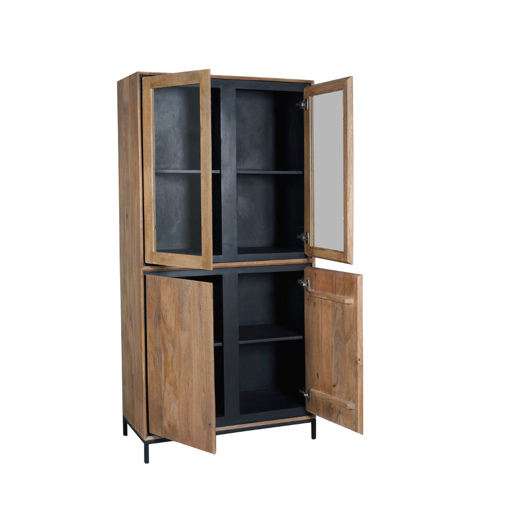 Vitrinenschrank Rois – lackiertes Mangoholz & schwarzer Metallrahmen, 100 x 45 x 200 cm, modernes Design mit Holzstreifen