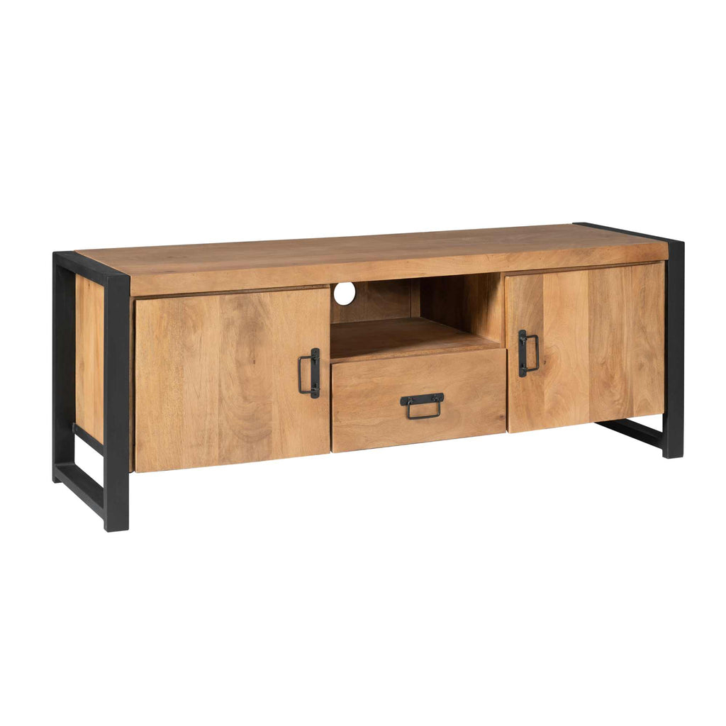 TV-Board Bori – Lowboard aus Mangoholz & Metall mit 2 Türen, Fach & Schublade, schwarzer Rahmen, modern & robust