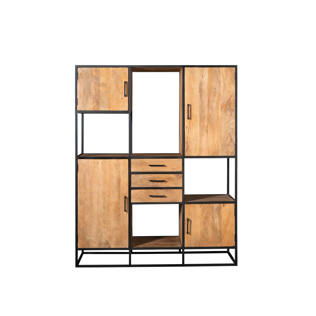 Regalschrank Delta Supreme XXL – Wandschrank aus Mangoholz mit Metallgestell, 2 große & 2 kleine Türen, 3 Schubladen, 160 x 45 x 200 cm
