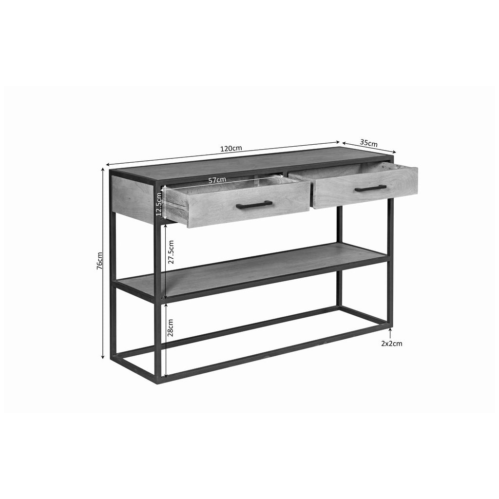 Beistelltisch Delta – Mangoholz & Metall mit 2 Schubladen & Ablage, 120 x 35 x 76 cm