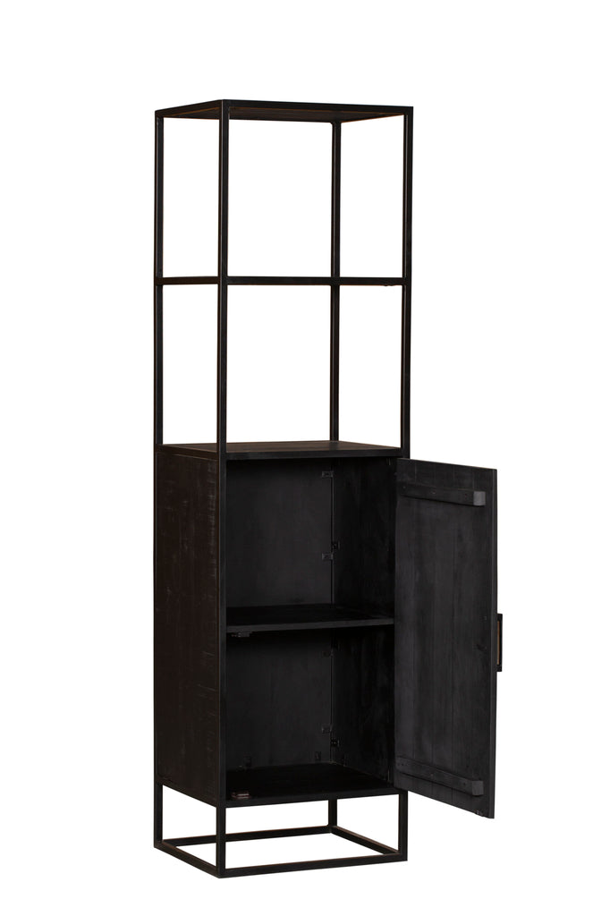 Bücherregal Delta Schwarz – Mangoholz Schrank 55×200×45 cm mit 1 Tür, offenem Fach & Metallrahmen
