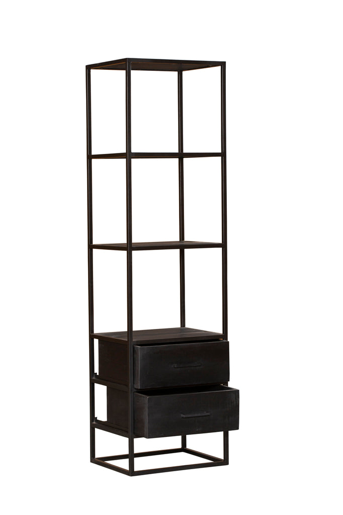 Bücherregal Delta Schwarz – Mangoholz, 2 Schubladen & Regal, 55 x 45 x 200 cm