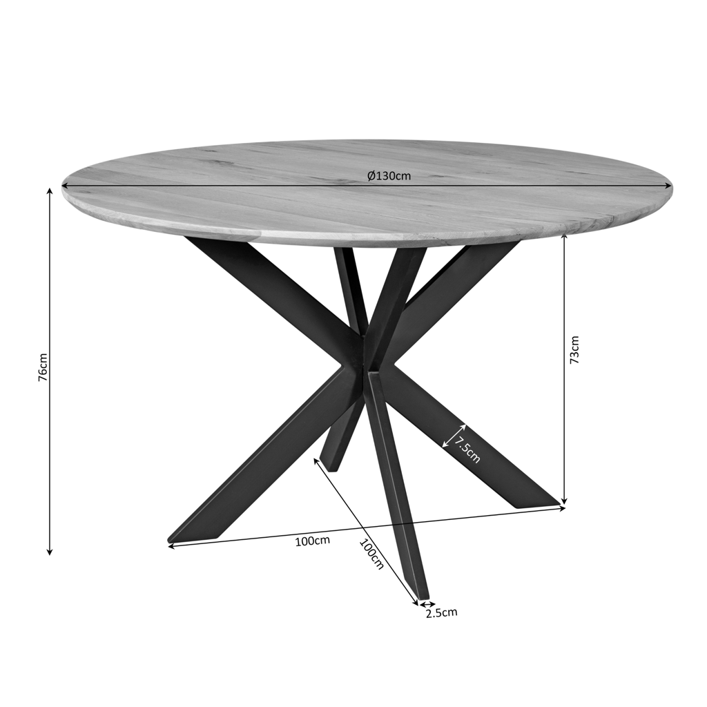 Esstisch Evoque Ø130 cm, Natur – Runder Massivholztisch aus FSC-Eiche mit abgeschrägter Kante & Stahlgestell