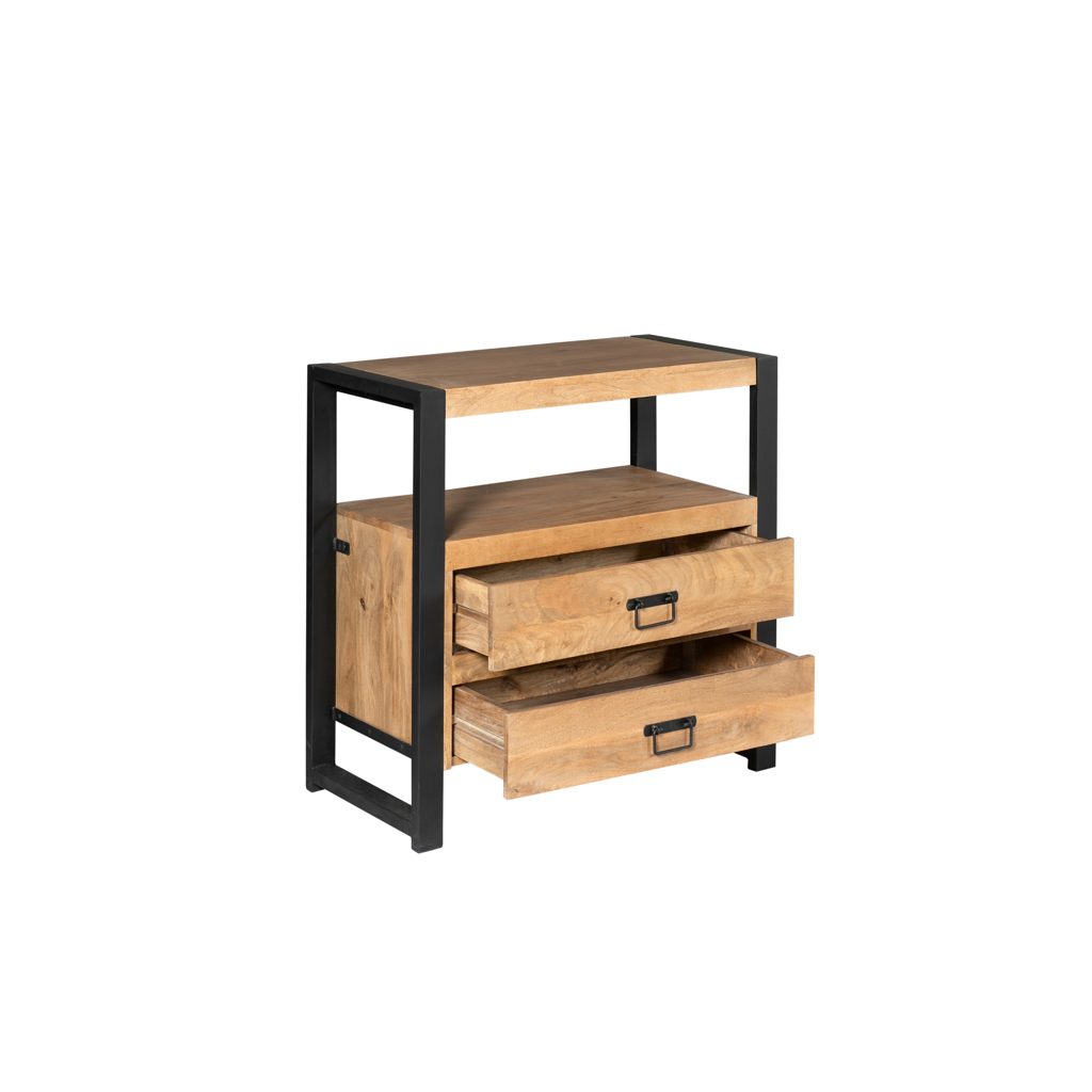 Kommode Bori Schwarz – Mangoholz Schubladenschrank mit Metallgestell & Lamellen-Optik, 80×80×40 cm, 2 Schubladen. Elegante Wohnkommode im zeitlosen Design
