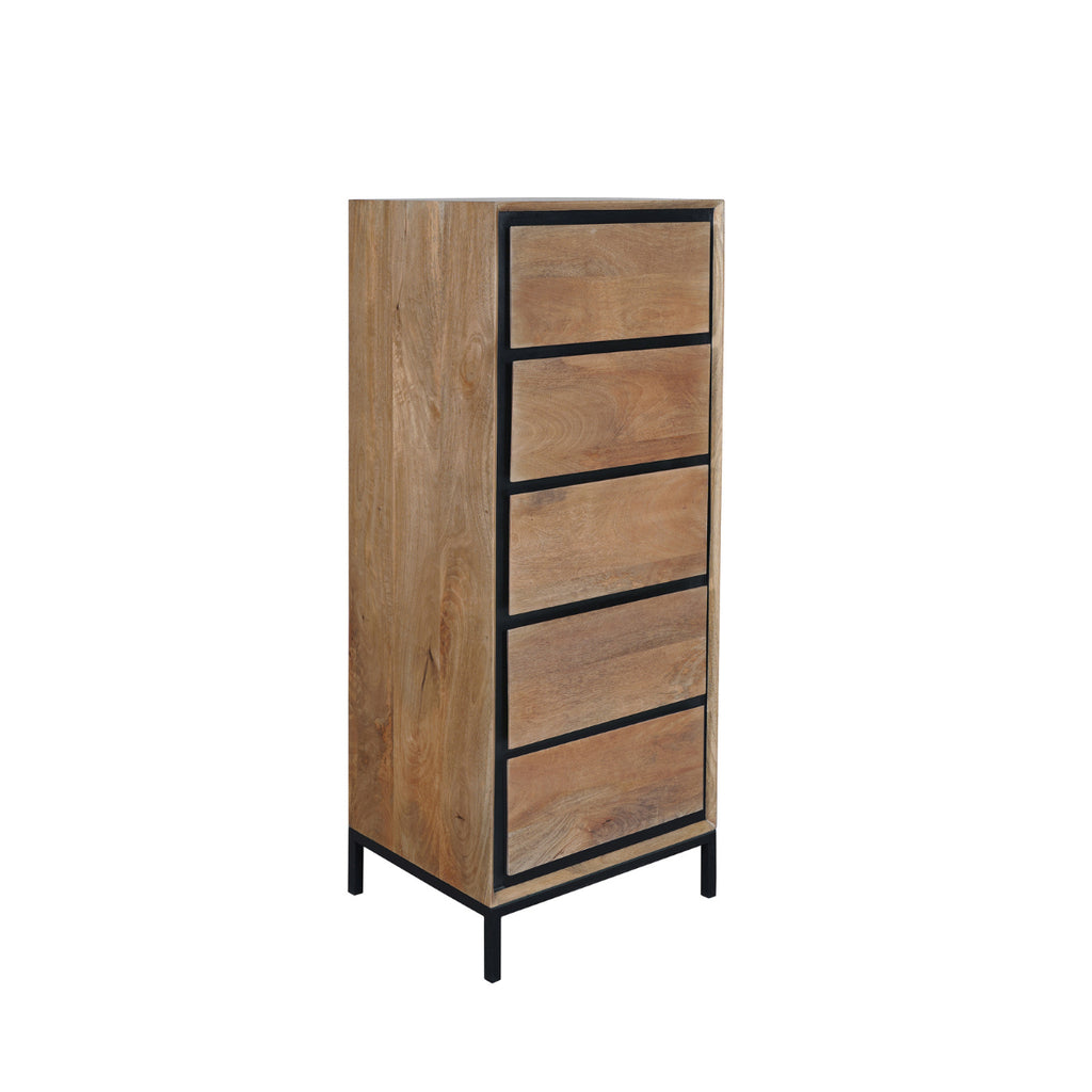 Kommode Rois Mango Natur 50x40x120 cm – moderner Schrank mit 5 Schubladen & Metallgestell