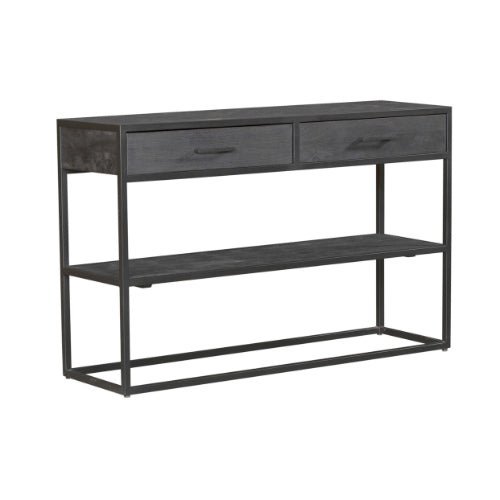 Beistelltisch Sydney – Mangoholz & Metall Schwarz, 120 x 35 x 76 cm, mit 2 Schubladen & Regal im Industriedesign