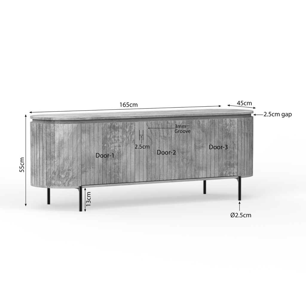 TV-Board Sole – Mangoholz mit vertikalem Lattenmuster, 3 Türen, 165 x 45 x 55 cm, Naturfarben