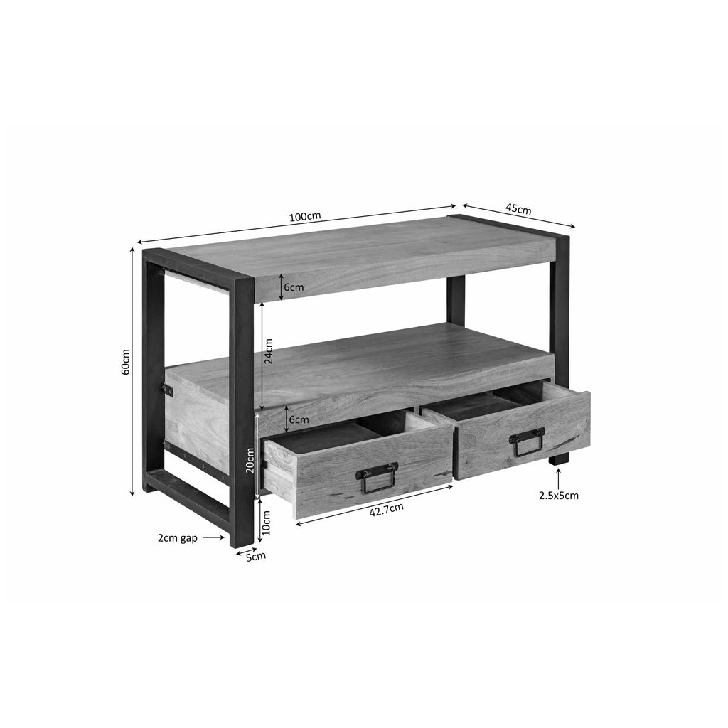 TV-Board Bori – Lowboard aus Mangoholz mit Metallrahmen, 2 Schubladen & offenem Fach, 100 x 45 x 60