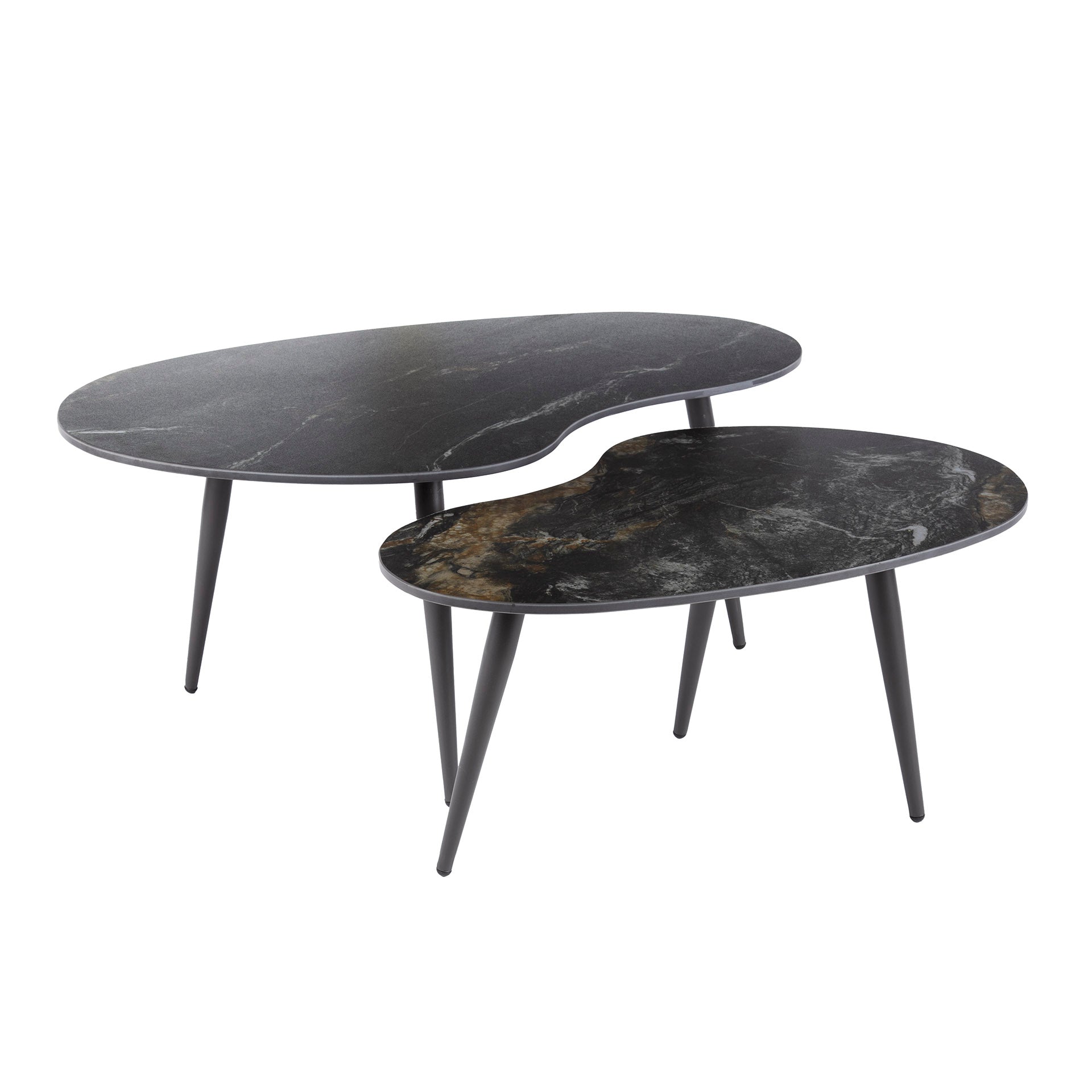 Couchtisch-Set Lonato – 2 Tische in Nierenform mit Steinoptik & Stahlgestell, 91 x 55 x 40 cm, modernes Wohnzimmerset