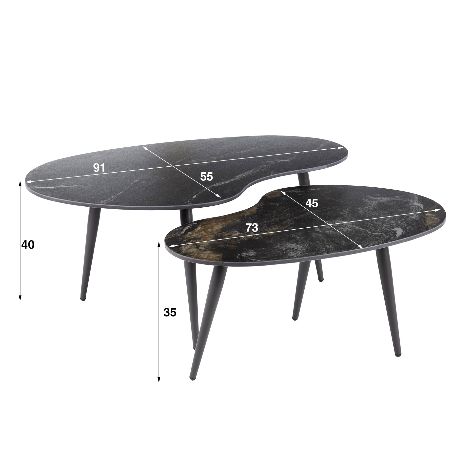 Couchtisch-Set Lonato – 2 Tische in Nierenform mit Steinoptik & Stahlgestell, 91 x 55 x 40 cm, modernes Wohnzimmerset
