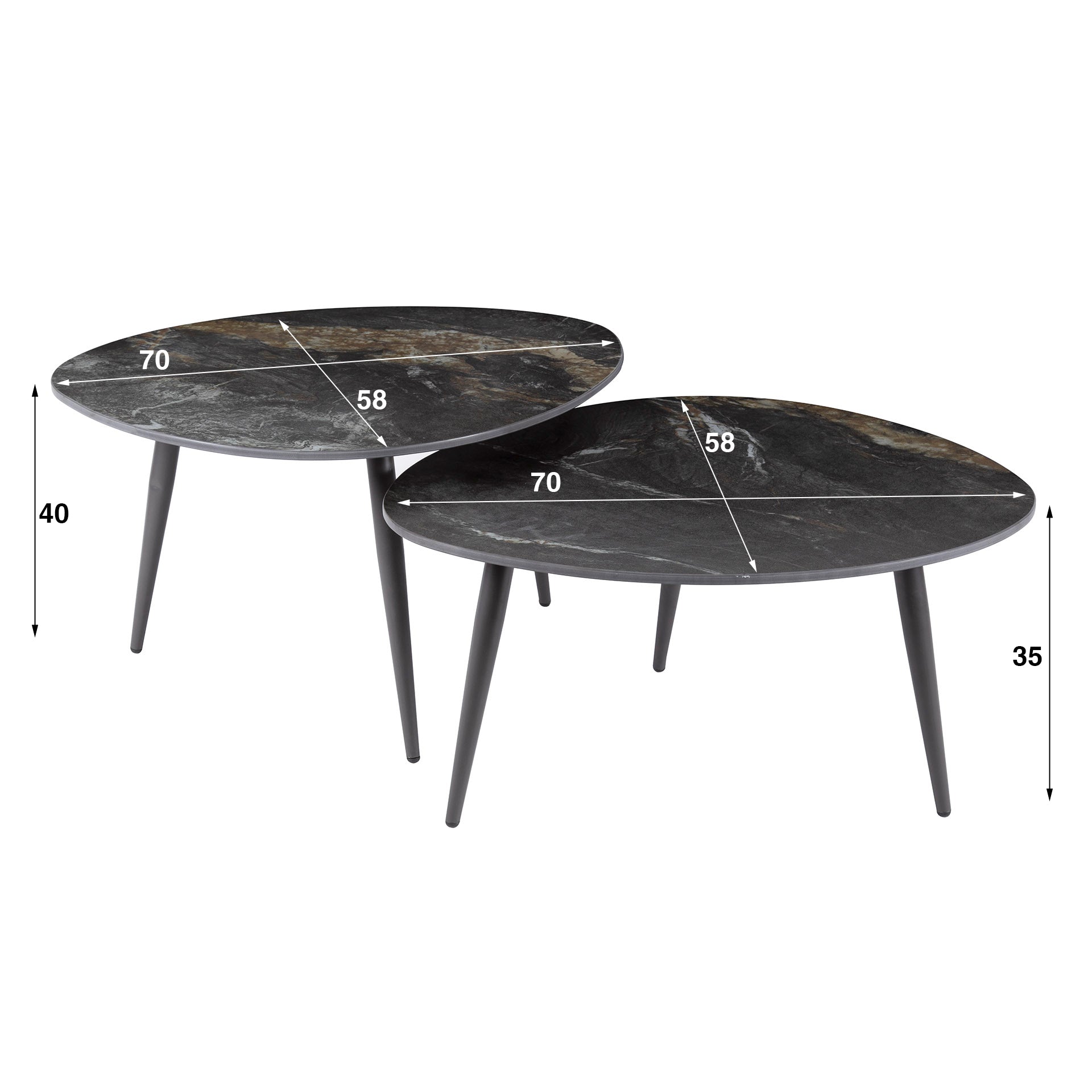 Couchtisch-Set Lonato – 2 Tische in organischer Form mit Steinoptik & Stahlgestell, 70 x 58 x 40 cm, modernes Wohnzimmerset
