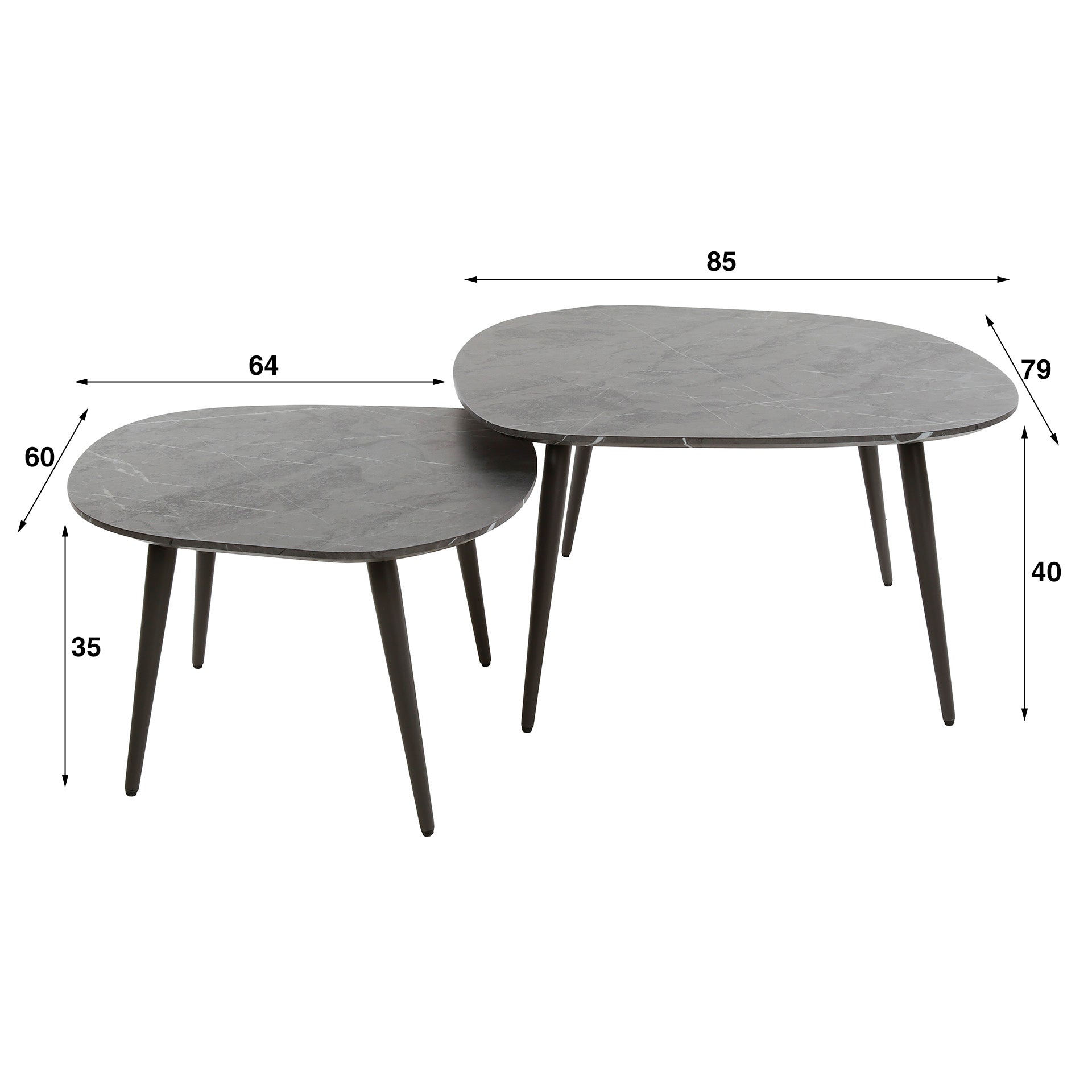Couchtisch-Set Ravello – 2 Tische in organischer Form mit Keramikoptik & Stahlgestell, 85 x 79 x 40 cm, modernes Wohnzimmerset