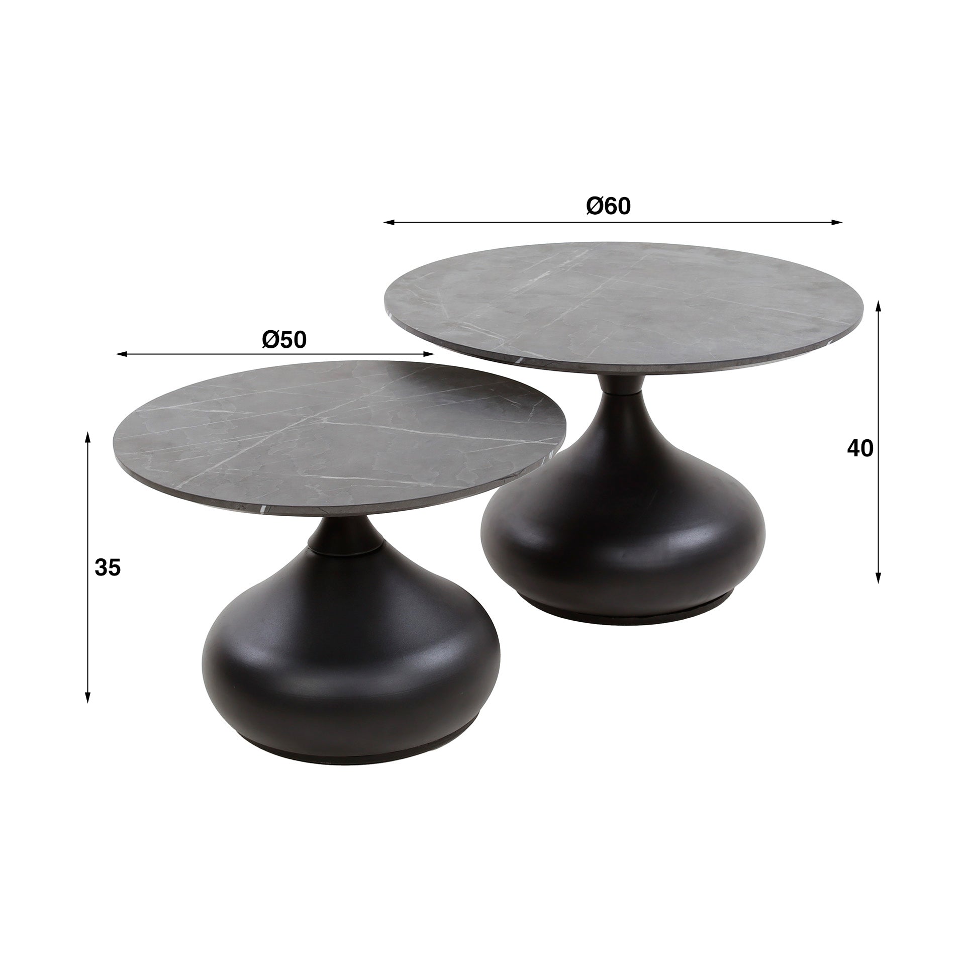 Couchtisch-Set Livorno – 2 Tische in Tropfenform mit Keramikoptik & Metallfuß, Ø60 x 40 cm, modern & zeitlos