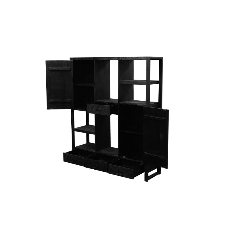 Bücherregal Bori Schwarz – Mangoholz, 4 Schubladen & Türen, 150 x 40 x 180 cm, modernes Stauraumwunder