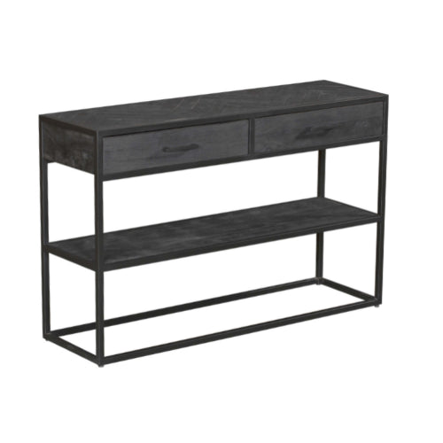 Beistelltisch Sydney – Mangoholz & Metall Schwarz, 120 x 35 x 76 cm, mit 2 Schubladen & Regal im Industriedesign