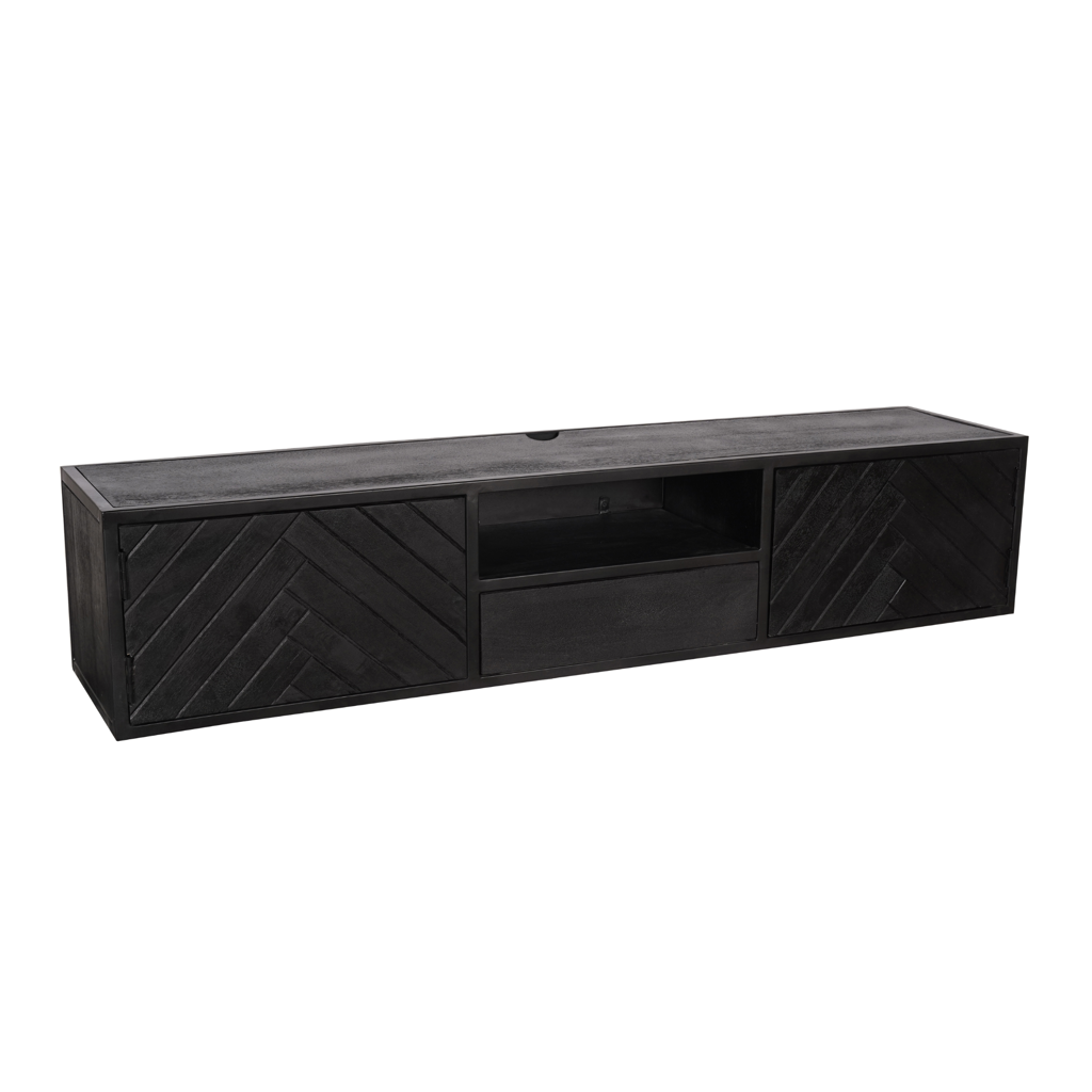 Schwebendes TV-Board Sydney – Mangoholz Schwarz, Fischgrät, 160 x 35 x 33 cm, Offenes Fach, Modernes Design