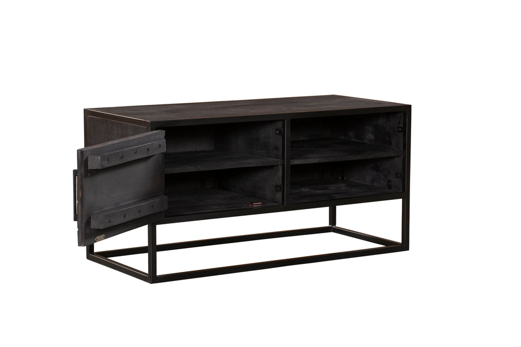 TV-Möbel Sydney Schwarz – Mangoholz mit Fischgrätmuster & Metallgestell, 100 x 45 x 50 cm