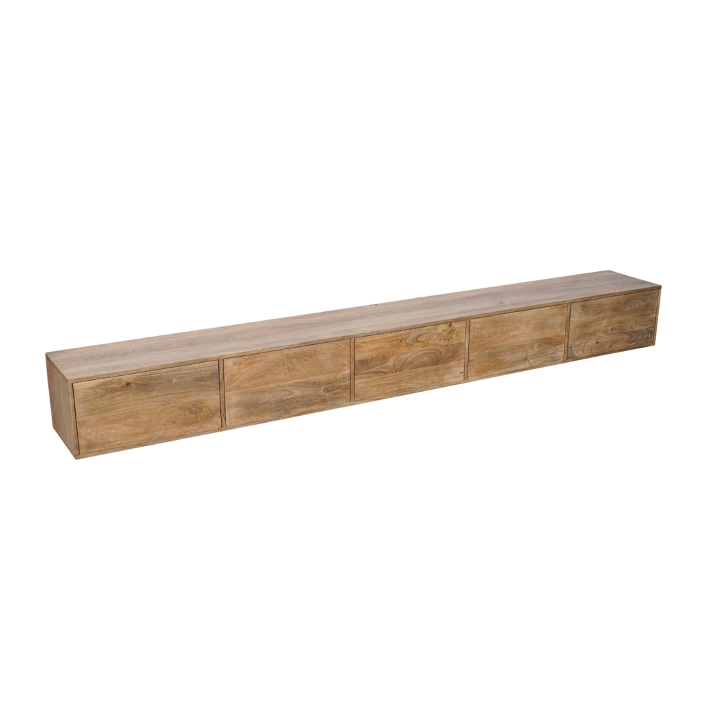 Schwebendes TV-Board Vision 280x35x30 cm – Massives Mangoholz mit Push-to-Open System & grifflosen Türen
