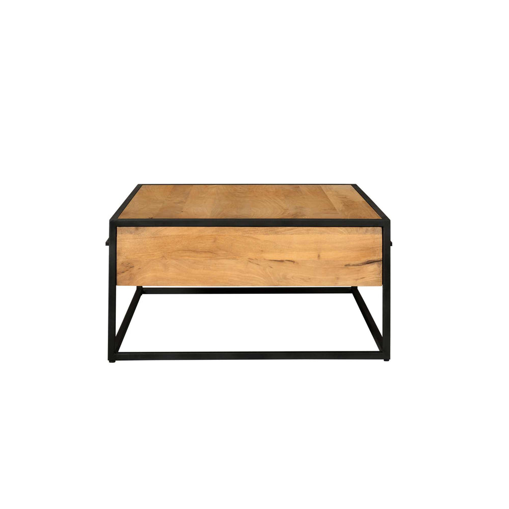 Couchtisch Delta Schwarz – Quadratischer Mangoholz-Tisch mit 4 Schubladen & Metallgriffen, 80 x 80 x 40 cm