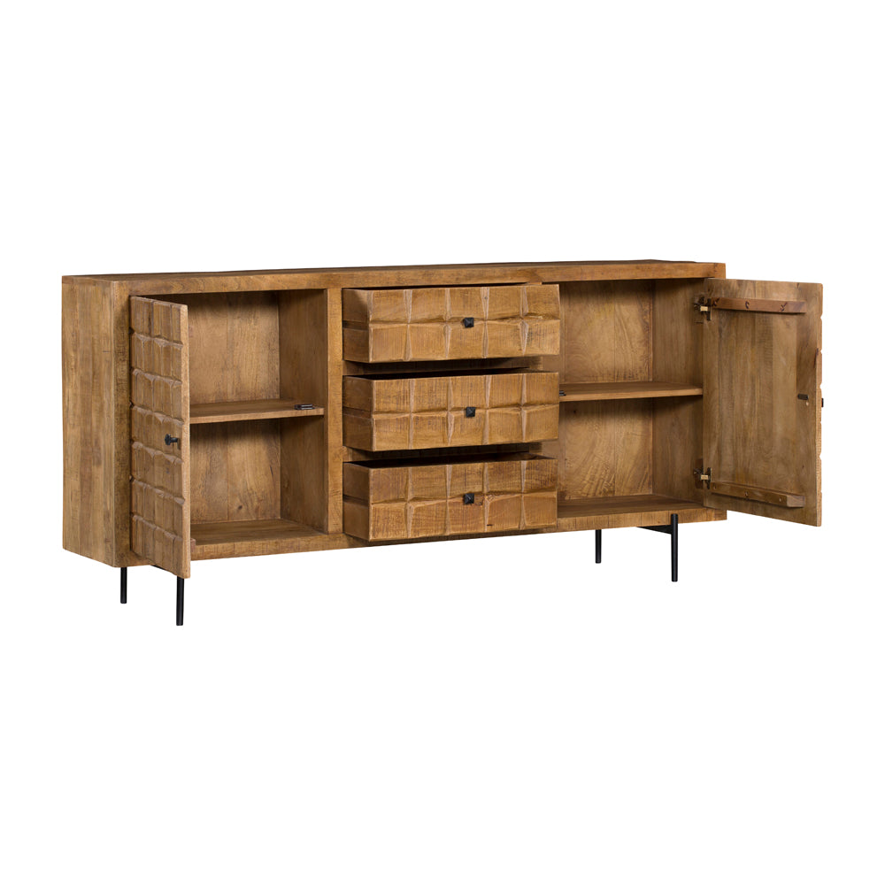 Sideboard Jacky – Mangoholz mit Metallbeinen, 2 Türen & 3 Schubladen, geschnitztes Blockmuster, 160 x 40 x 90 cm