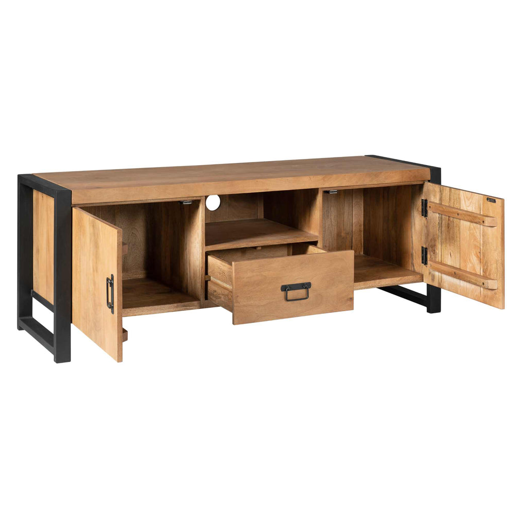 TV-Board Bori – Lowboard aus Mangoholz & Metall mit 2 Türen, Fach & Schublade, schwarzer Rahmen, modern & robust