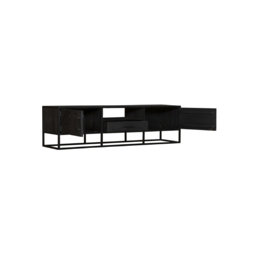 TV-Board Sydney Schwarz – Lowboard aus Mangoholz mit Fischgrätmuster & Stauraum, 180 x 45 x 50 cm