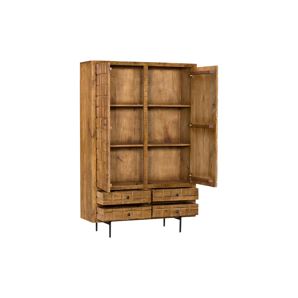 Schrank Jacky – Mangoholz & Metallbeine, 100 x 40 x 180 cm, 2 Türen, 4 Schubladen, einzigartiges Design