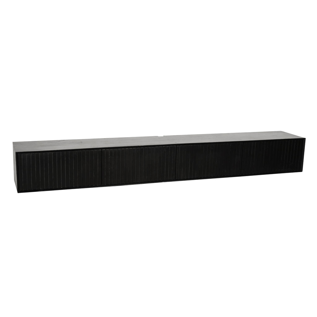 Schwebendes TV-Möbel Mandy Black – Mangoholz mit Lattenmuster & Push-to-Open, 240 x 35 x 30 cm