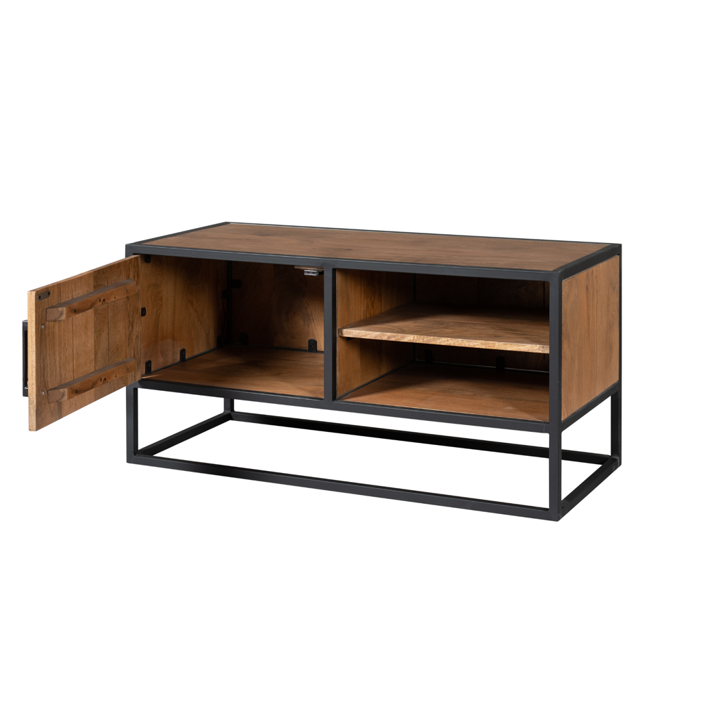 TV-Board Delta – Mangoholz mit schwarzem Gestell & Holzeinlagen, 100 x 45 x 50 cm