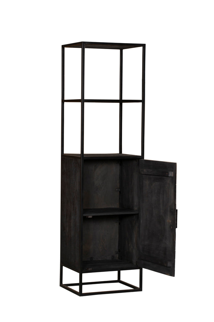 Regalschrank Sydney Schwarz – Mangoholz mit Fischgrätenmuster, 1 Tür & 1 Fach, 55 x 45 x 200 cm