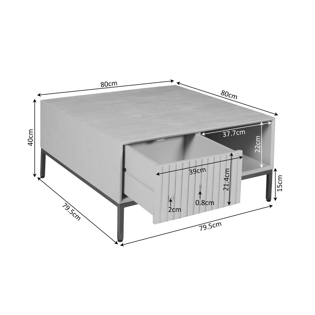 Couchtisch Mandy Brown – Mangoholz, braune Oberfläche, Metallbeine, 80 x 80 x 40 cm, offenes Fach & 2 Schubladen