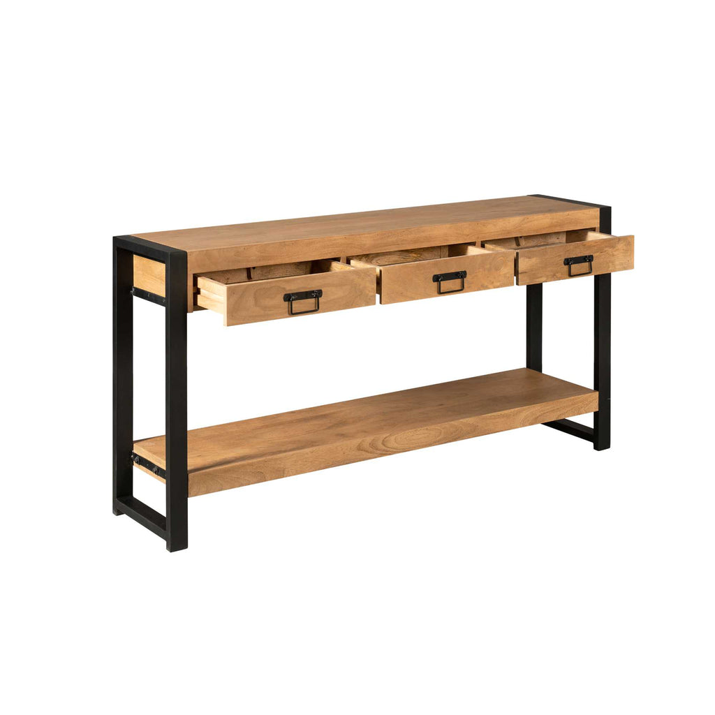 Konsolentisch Bori – eleganter Tisch aus Mangoholz mit schwarzem Metallgestell & 3 Schubladen, 150 x 35 x 76 cm