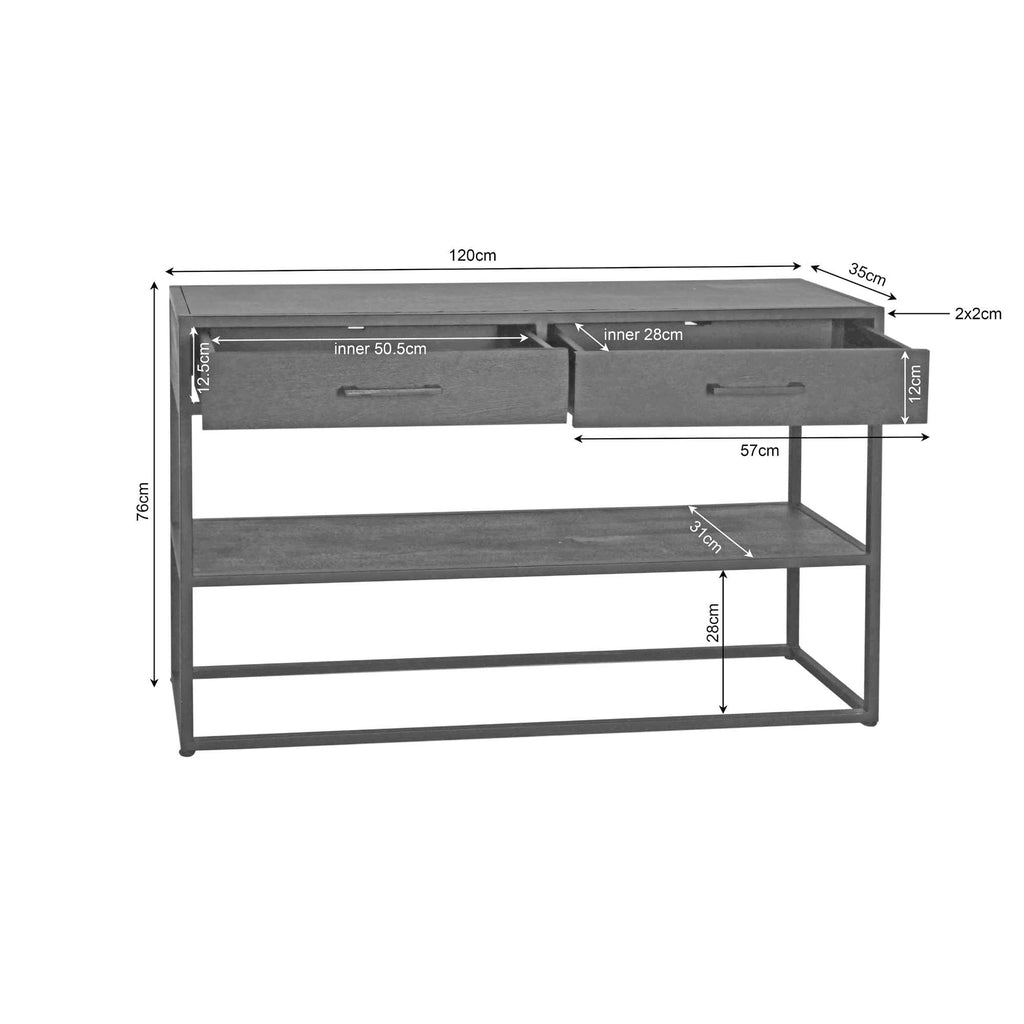 Beistelltisch Delta – Mangoholz & Metall mit 2 Schubladen & Ablage, 120 x 35 x 76 cm