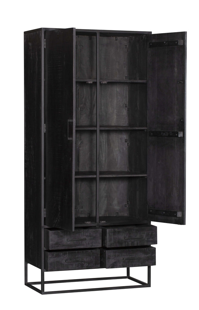 Bücherregal Delta Black 90x45x200 cm – Massiver Mangoholz Schrank mit 4 Schubladen, 2 Türen & Metallgestell in Schwarz