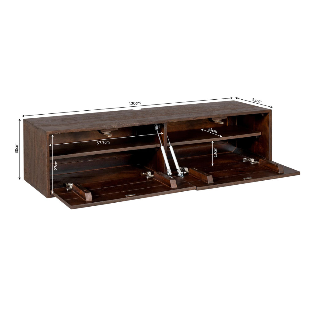 TV-Möbel Focus – Schwebendes Lowboard aus Mangoholz Braun, 120 x 35 x 30 cm, modernes TV-Board mit Push-to-Open Türen
